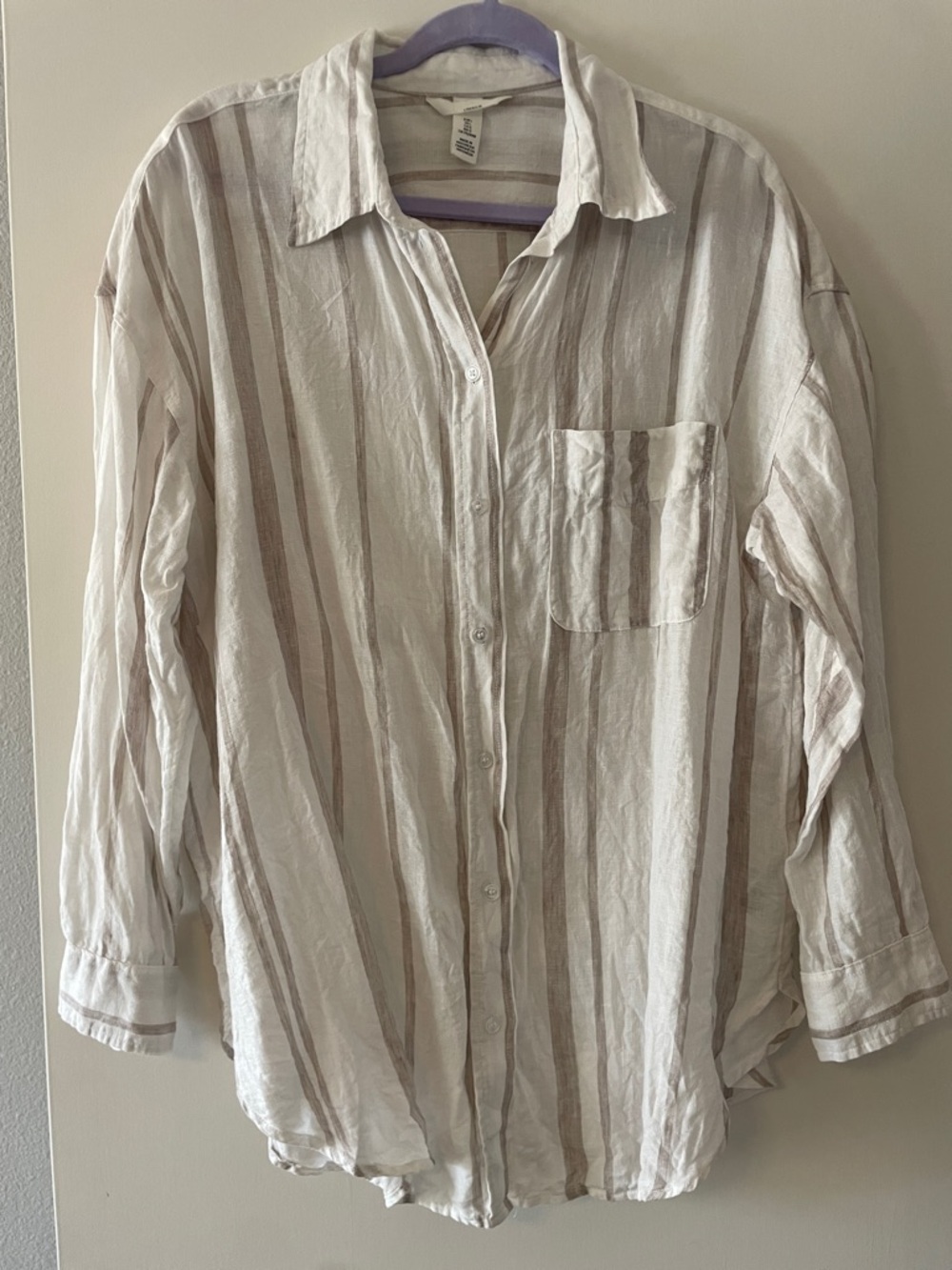 H&M Striped Linen Button-Down Shirt in Cream and Tan